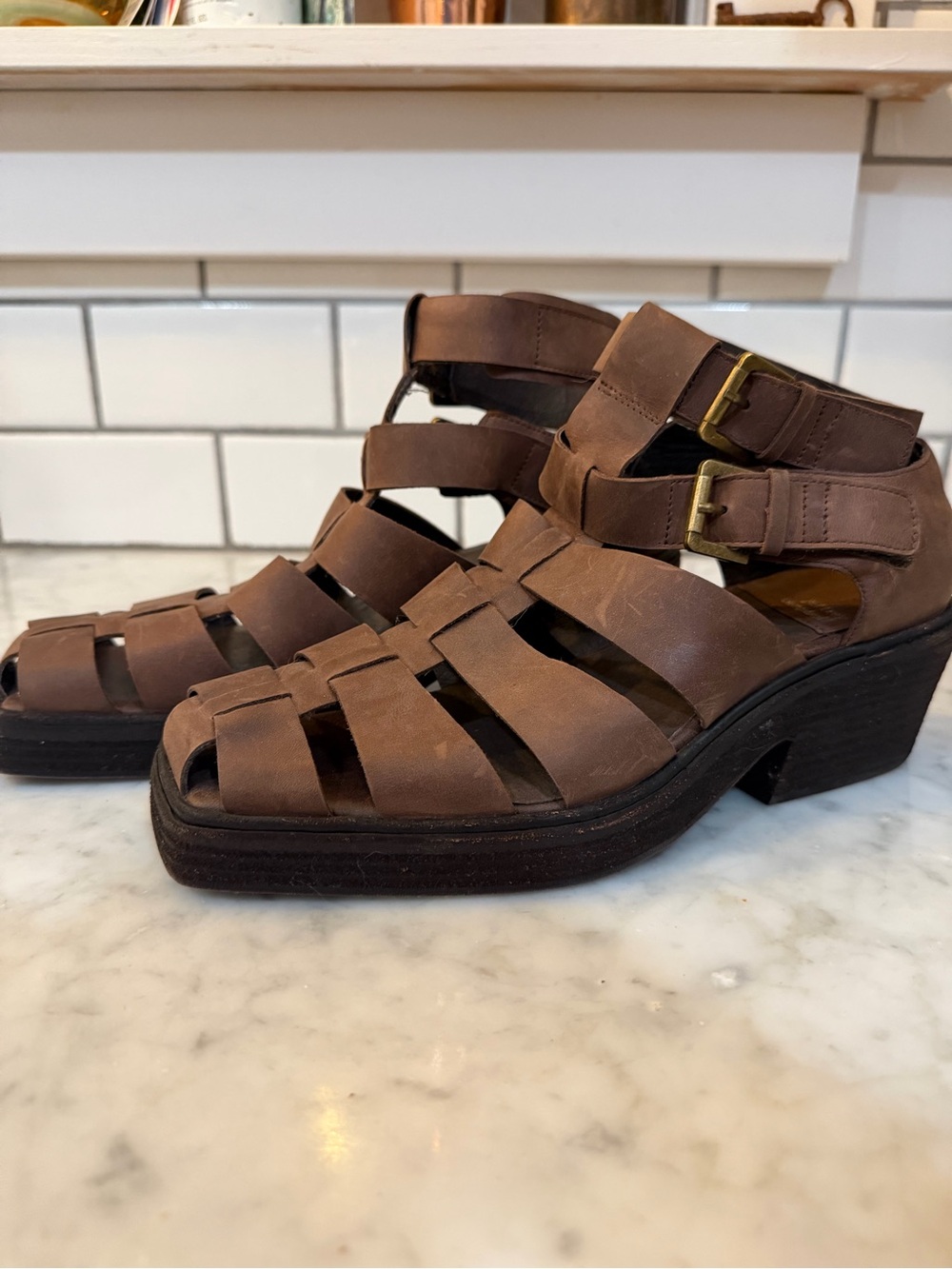 Jeffrey Campbell Elective Fisherman Sandals in Brown Crazy Horse